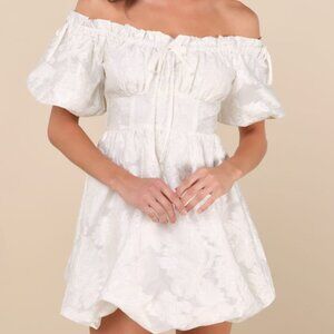 Lulus Adorable Crush Ivory Jacquard Off-the-shoulder Mini Dress White - Size XS